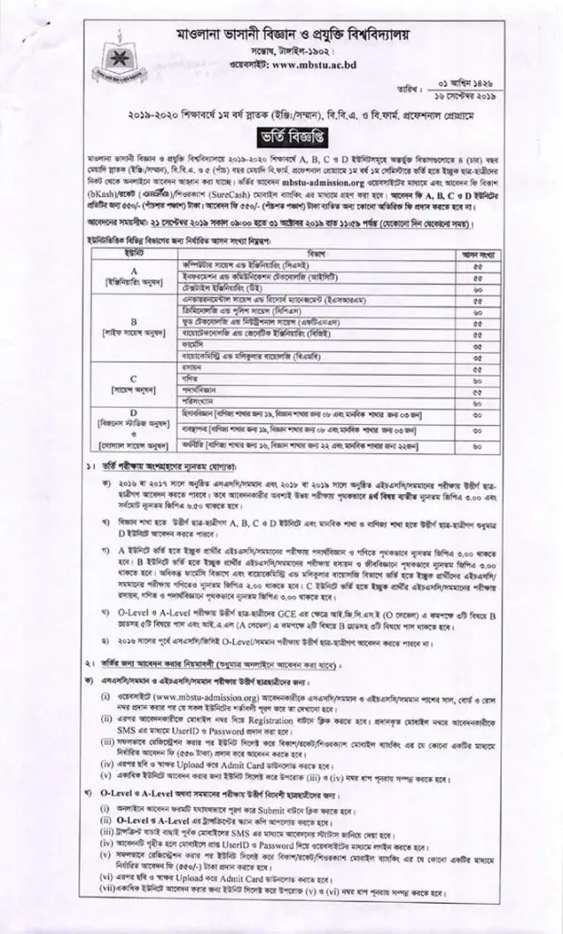 MBSTU Admission Circular 2020-21 Page 1